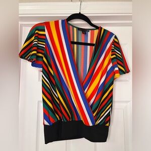 Y2K Multicolor Striped V-Neck Top. Rainbow Stripes w/ Flowy Ruffle Sleeves